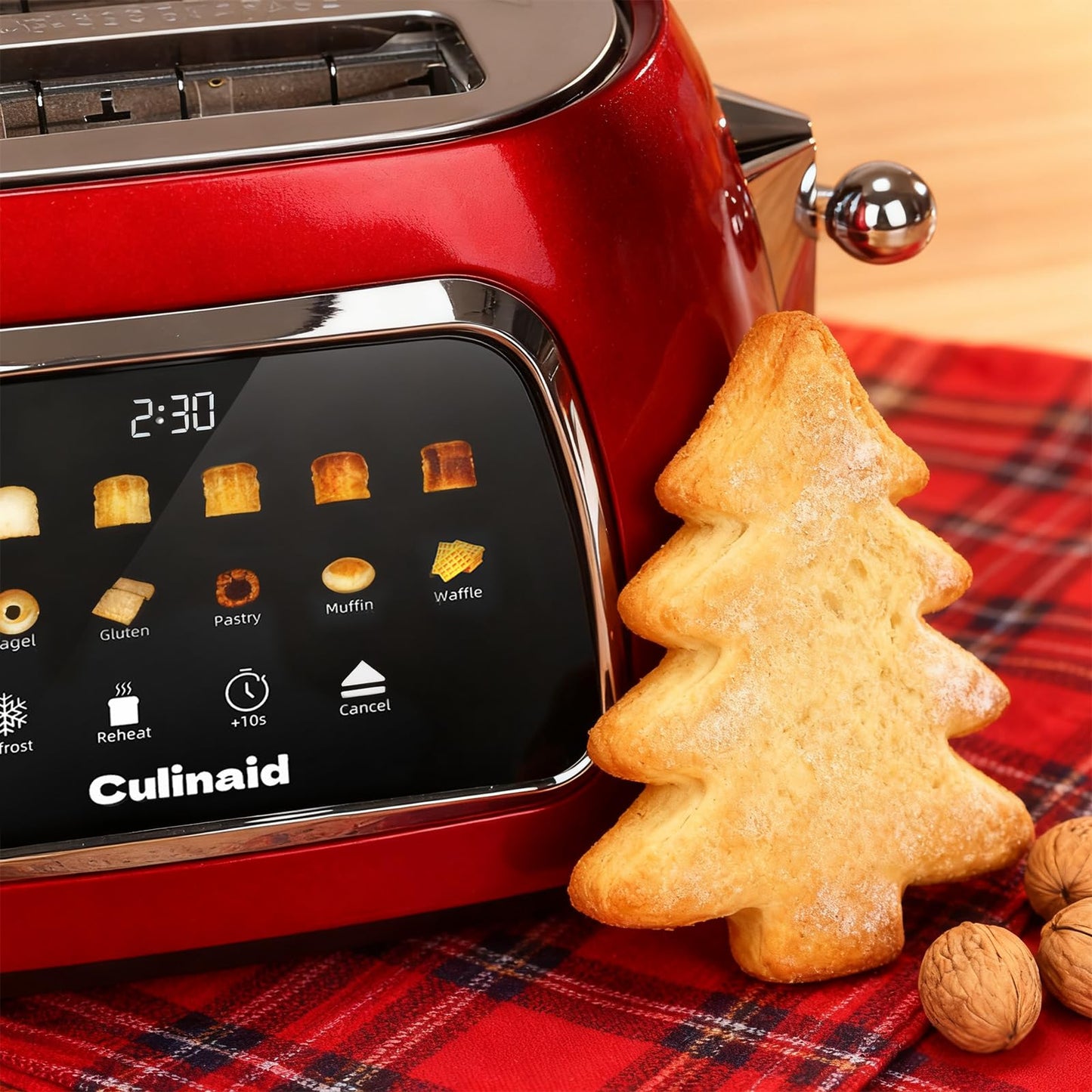 Culinaid Toaster 2 Slice Smart Touch Screen, Retro 1.5'' Extra Wide Slot Stainless Steel Digital Bread Toaster with Memory Function, Bagel, Defrost, 6 Browning Levels and Removable Crumb Tray, Red