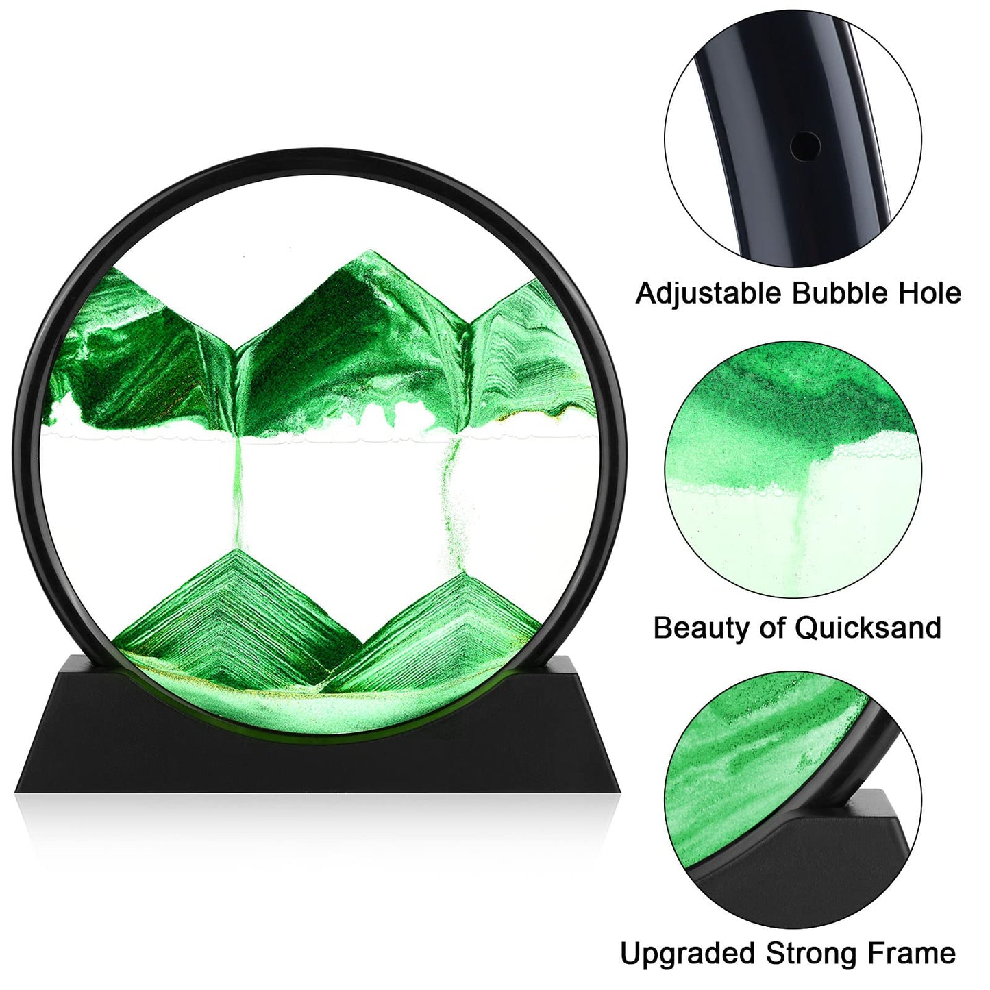 Herecanli Moving Sand Art Picture - 3D Quicksand Painting Decor - Round Glass 3D Deep Sea Sandscape - Relaxing Decoration for Home,Office,Desk,Mantle,Bookshelf,Room- (Green, 12 in)