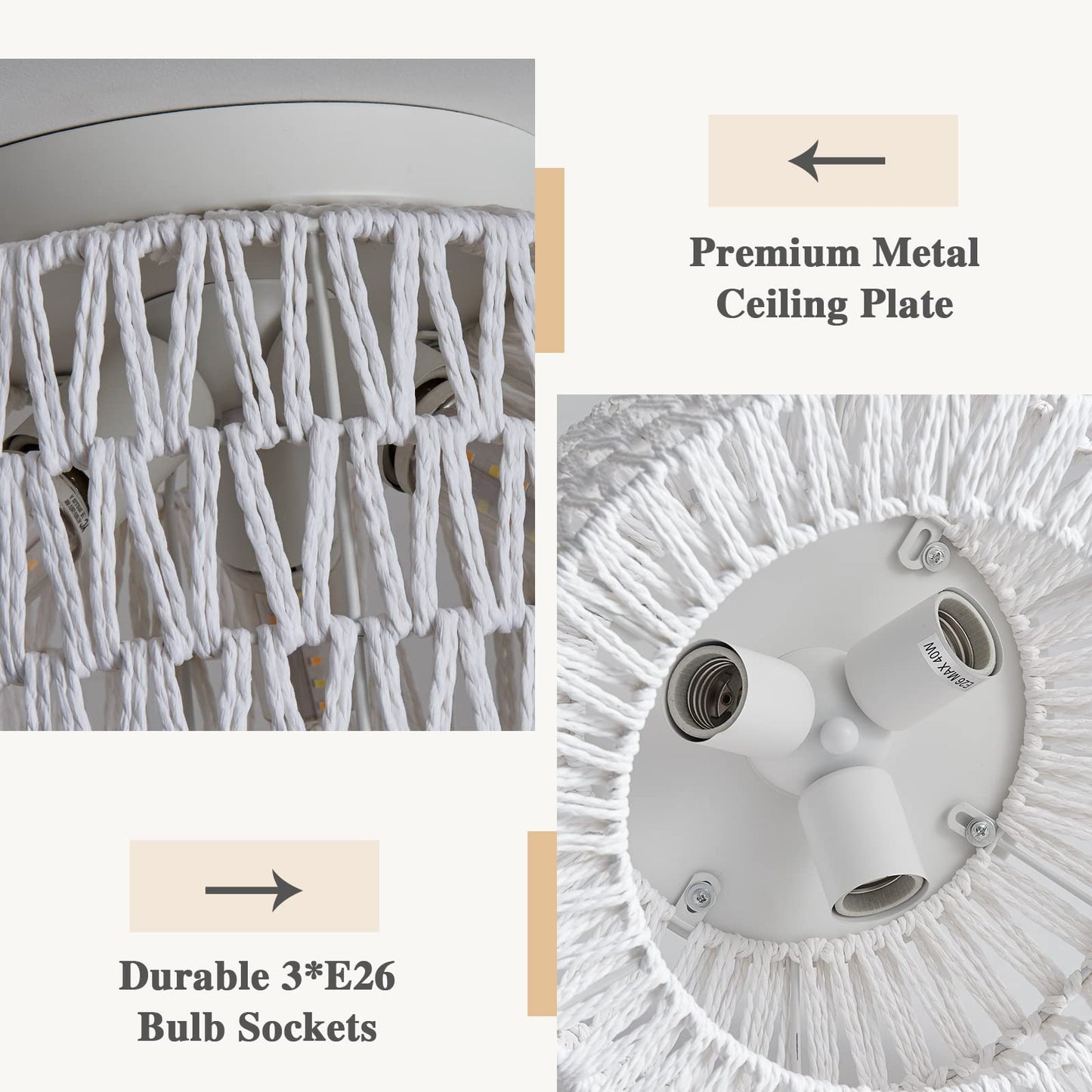 Rattan Light Fixtures Ceiling Mount, 3-Lights Boho Flush Mount Ceiling Light, Hand-Woven Cage Shade Lamp Lighting, Rustic Rattan Chandelier for Hallway Bedroom Kitchen Farmhouse Foyer Entryway (White)