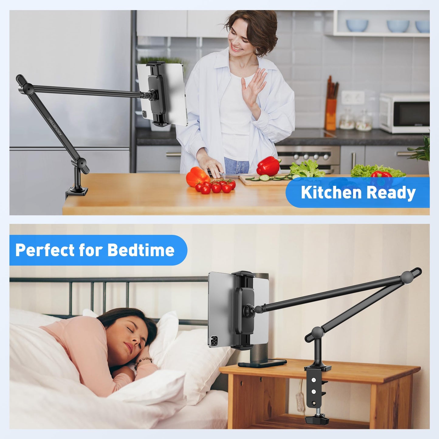 AboveTEK Tablet Stand Holder for Desk & Bed, Aluminum iPad Holder Arm with 360° Rotating Clamp, Adjustable Phone Stand Compatible with 4.7"-13.5" iPad Pro/Air/Mini, iPhone, Galaxy Tab- Black