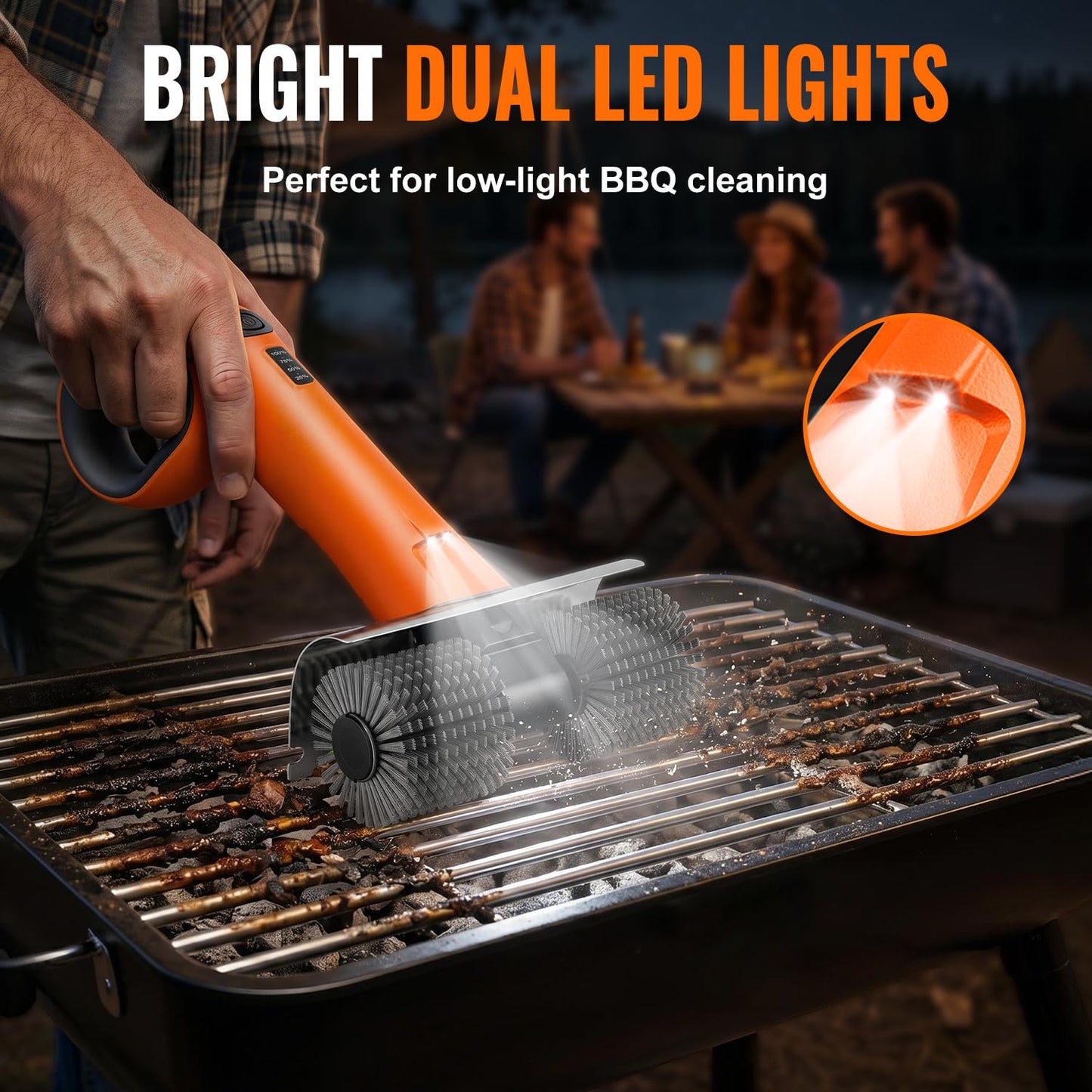 Electric Grill Brush - Dual Rotating Heads Cordless BBQ Grill Cleaner, 450 RPM Motorized Power Grill Cleaning Brush with LED Light, 6-Piece Replaceable Brush Set Safe for Most Outdoor Grill Grates