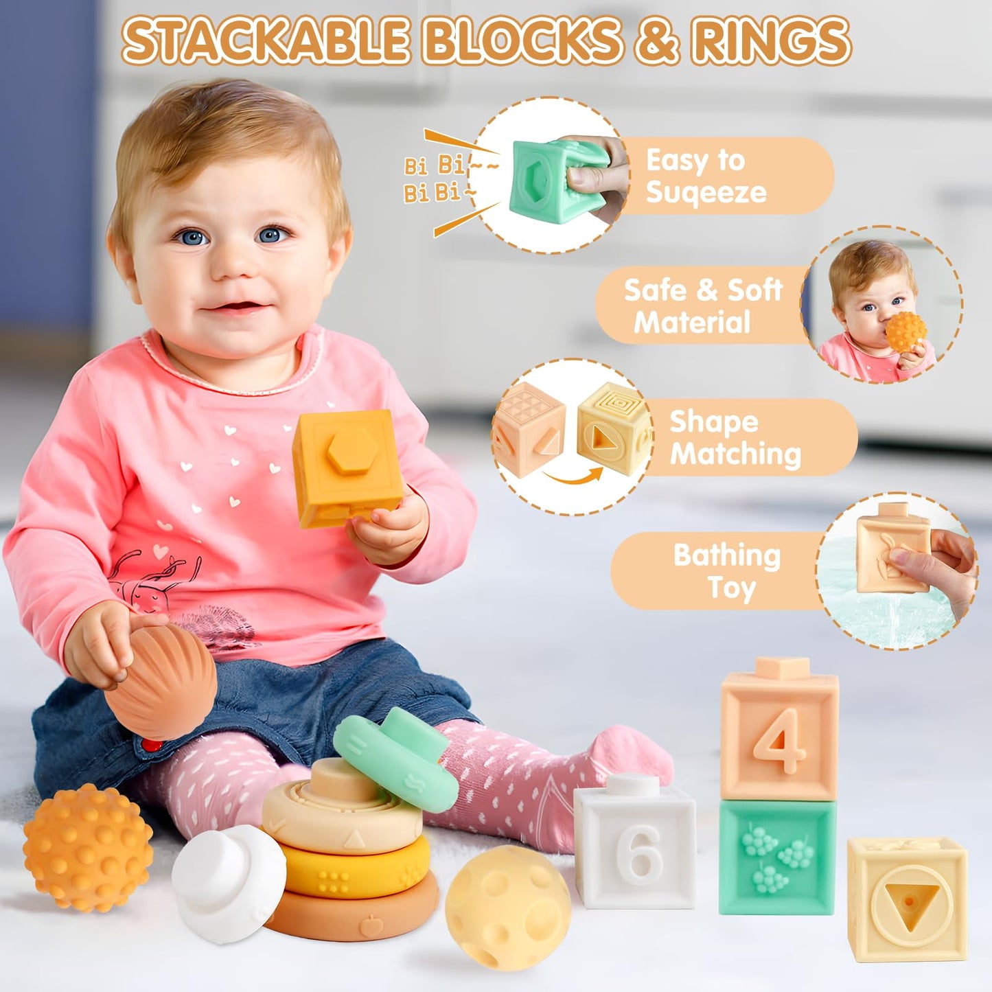 Montessori Toys 6 in 1 Musical Instruments for Toddler Stacking Blocks Development Learning Educational Toy with Wooden Xylophone Baby Birthday Gift