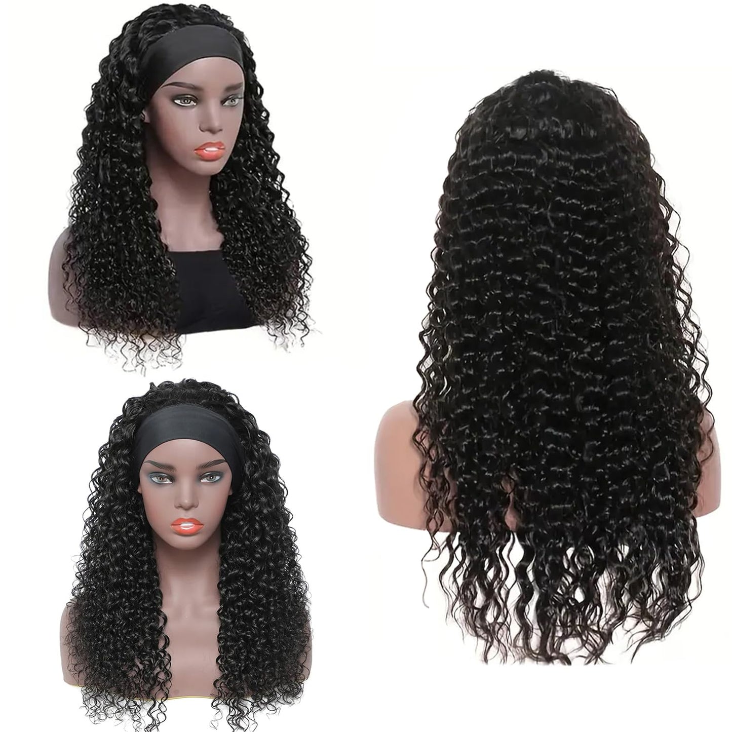 Headband Wig Deep Wave Human Hair Wigs Virgin Hair Wigs Brazilian Remy Hair Glueless Non Lace Front Wig for Black Women Wear and Go Wigs Deep Curly Wave Headband Wig (28 Inch, Natural Color)