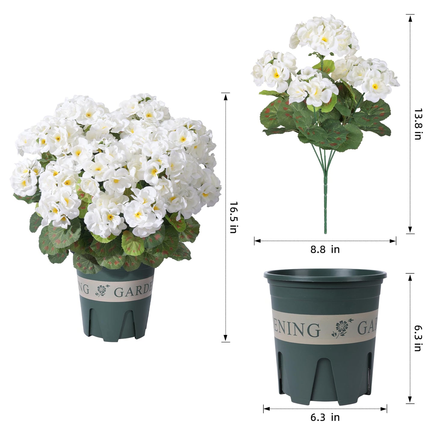 Geraniums Artificial Flowers for Outdoors, 2 Pack Potted Plants White Faux Geraniums Bush Artificial Topiaries Realistic UV Resistant Fake Flowers Plants for Planters Outside Gardens Front Door Indoor