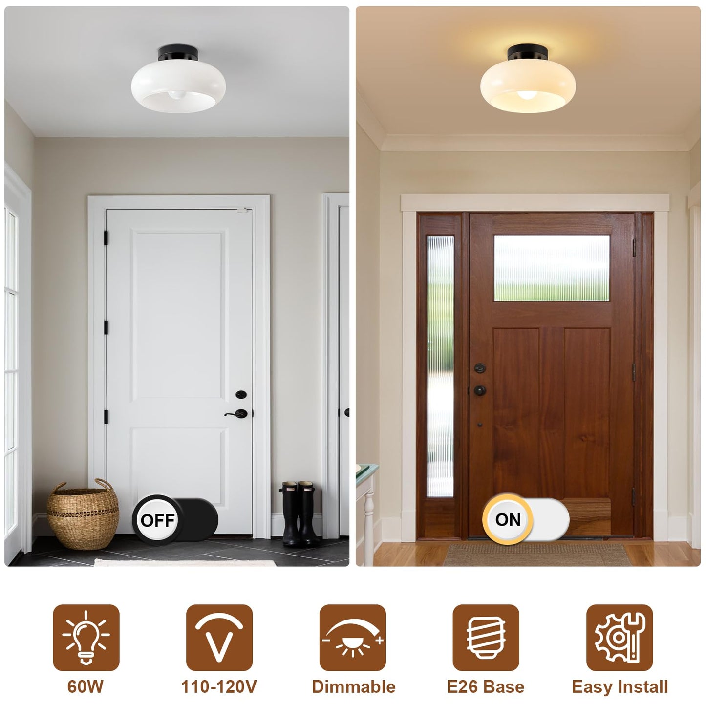 WOKNOS Mid-Century Modern Semi Flush Mount Ceiling Light, Metal Kitchen Light Fixture with Glass Shade,Vintage White and Black Colse to Ceiling Lamp for Entryway Hallway Bathroom (11.0 Inch)