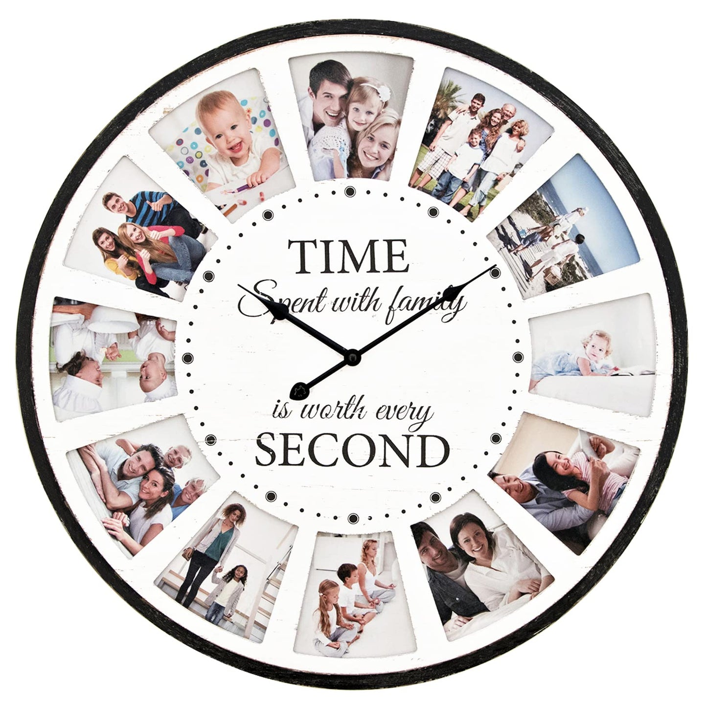 JUMBO HUMBLE 12 Photo Collage Family Wood Wall Clock, Rustic Farmhouse Wall Clock, Large Oversized Wall Clocks for Home, Kitchen, Living Room, Silent Battery Powered 24 Inch White