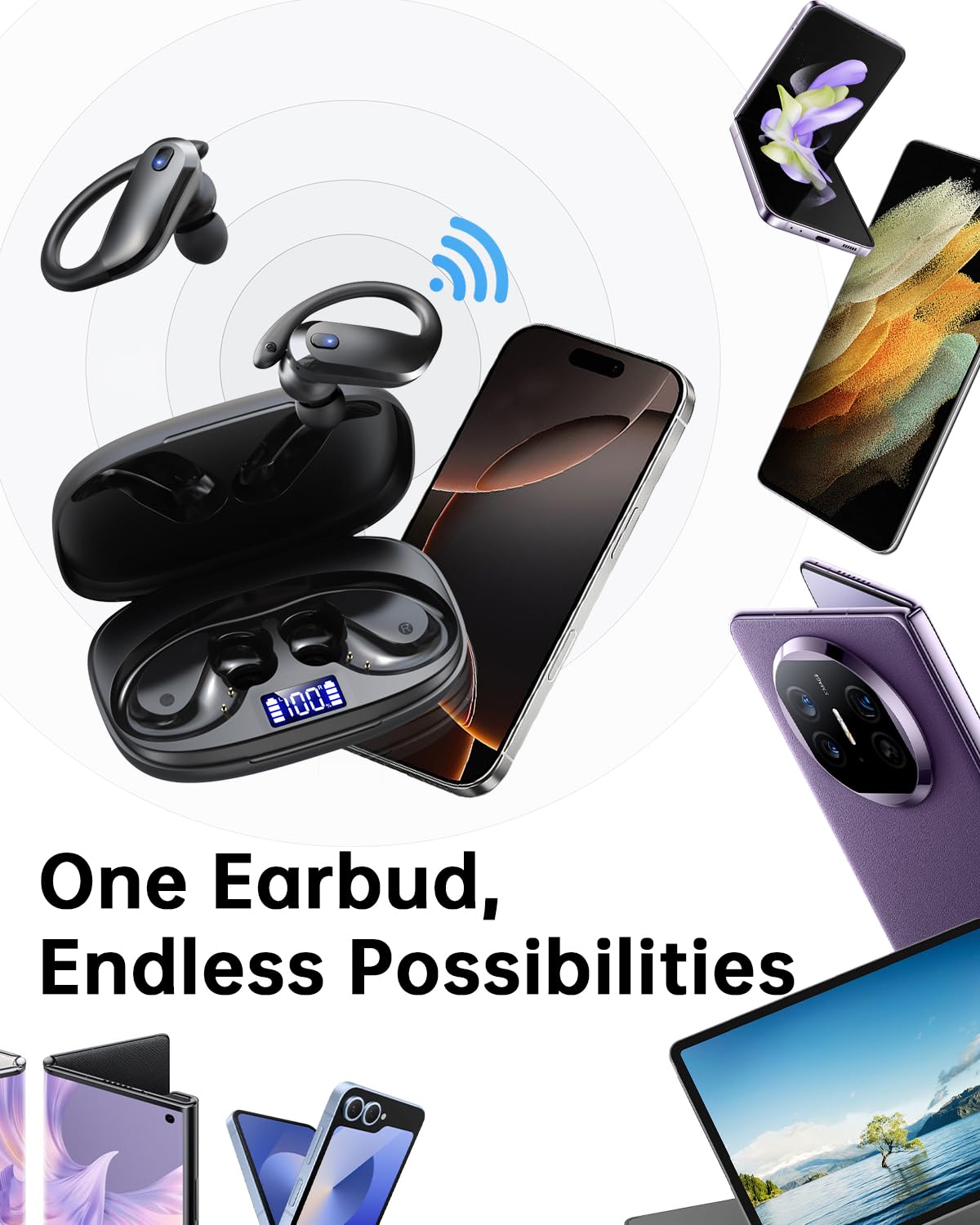 NDO Wireless Earbuds Bluetooth 5.3 Headphones Sport,IPX7 Waterproof Sports Earphones with Earhooks,48H Playtime,Lightweight 7.8g,Fast Charging Case,Noise Cancelling Mic for Running Gym Workout-Black
