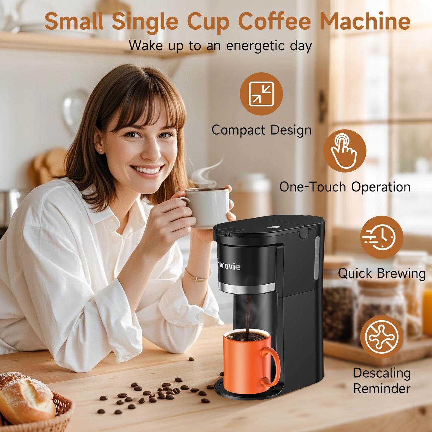 Horavie Small Single Serve Coffee Maker, Fast Brew One Cup Coffee Machine for K Cup and Grounds, 6 to 12 oz. Brew Sizes, Capsule Coffee Machine with Descaling Reminder and Viewing Tank, Black
