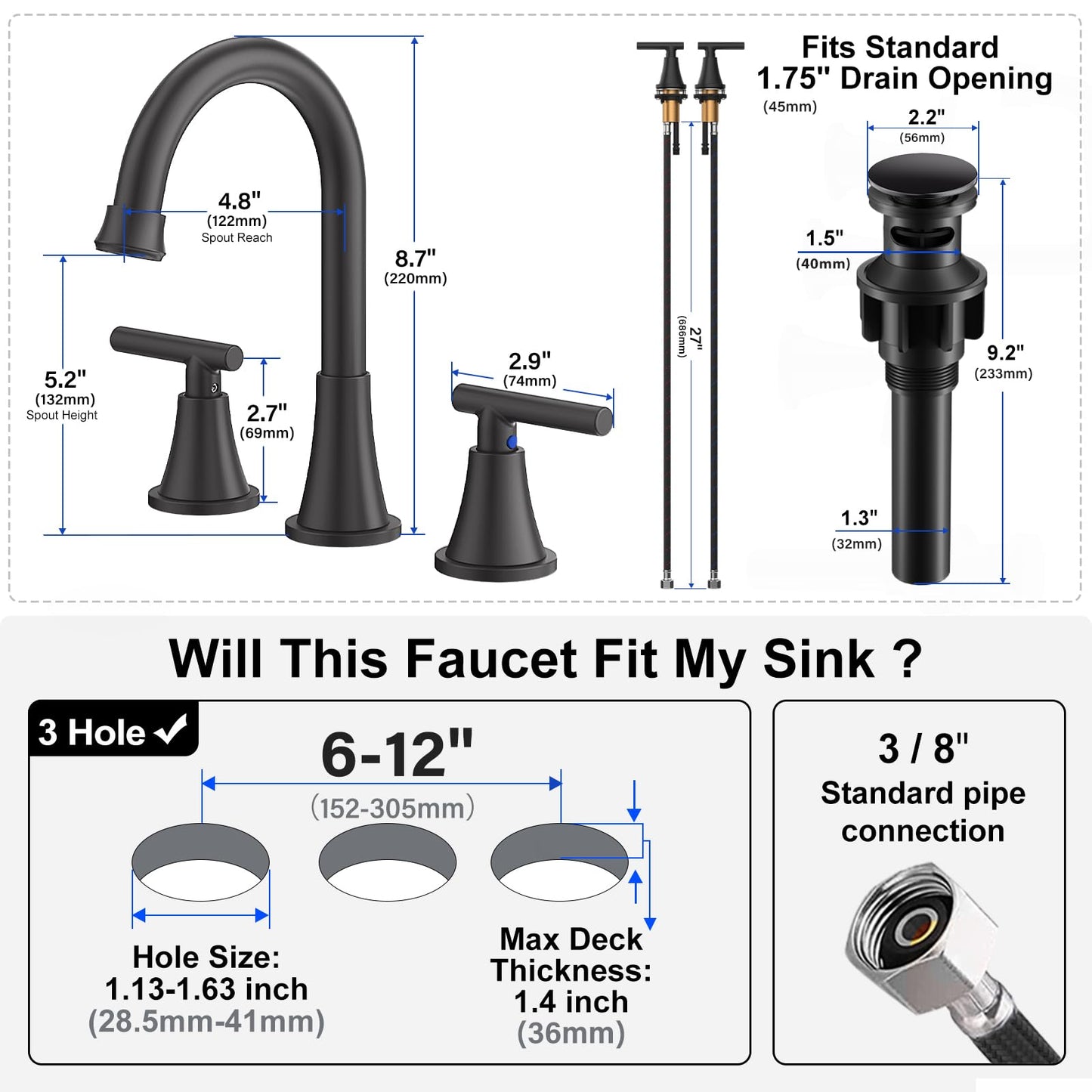 Bathroom Faucets for Sink 3 Hole, Hurran Matte Black Bathroom Sink Faucet with Pop-up Drain and Supply Lines, Stainless Steel Lead-Free Widespread Faucet for Vanity RV Farmhouse Sink