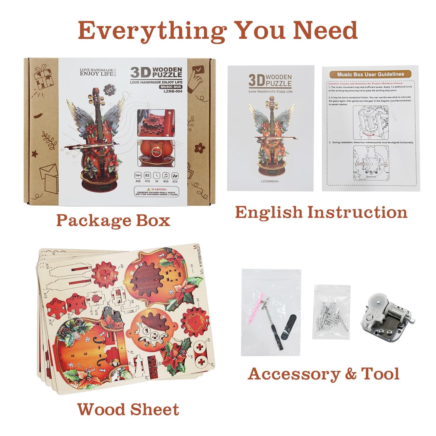 3D Puzzles for Adults, Wooden Music Boxes-Cello, Model Kits for Adults, DIY Wooden Model Building Set, Music Box Building Kit Desk Gift for Men Women Hobby for Adult(Holly)