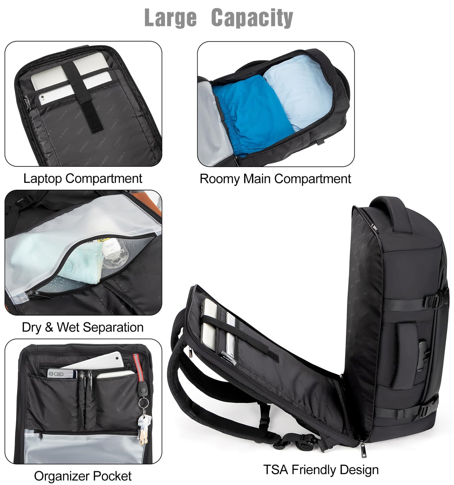 Tzowla 40L Expandable Travel Laptop Backpack for Men Women Carry on Flight Approved,Large Capacity Anti Theft Backpacks with Giant Tumbler Holder Pocket,Personal Item Bag Fit 17.3" Computer（Black