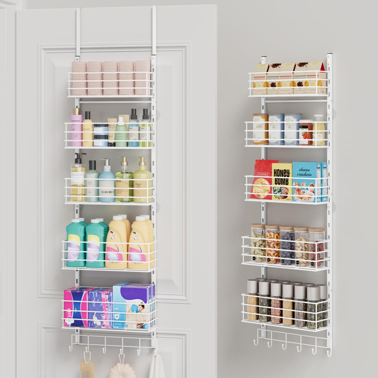 SWTYMIKI Over The Door Organizer - Door Organizer Hanging with 5 Adjustable Metal Large Capacity Basket and 6 Coat Hook, Wall Mounted Shelves for Bedroom Closet Bathroom Laundry Pantry Kitchen