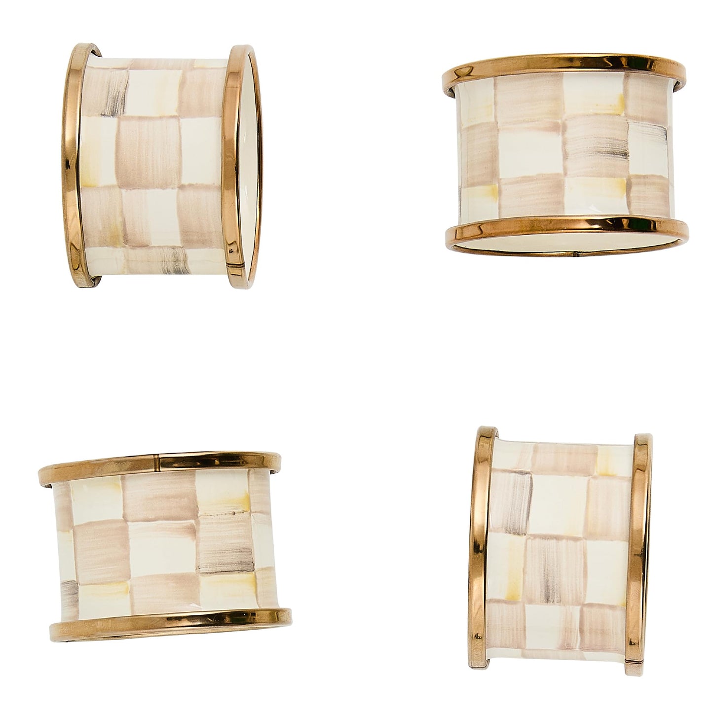 MACKENZIE-CHILDS Set of 4 Enamel Napkin Rings, Napkin-Holder Ring Set for Cloth Napkins, Brown-and-White Mocha Check