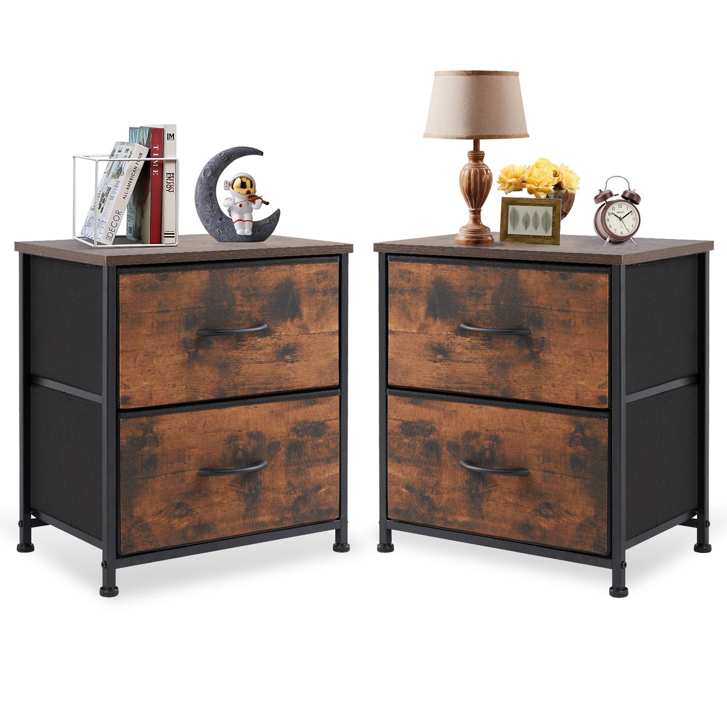 DUMOS Nightstand Small Dresser with 2 Fabric Drawers Side Tables Bedroom End Table Kids Bedside Storage Furniture for 20 inch Tall Night Stand for Closet, Entryway, College Dorm, Rustic Brown 2 Pack