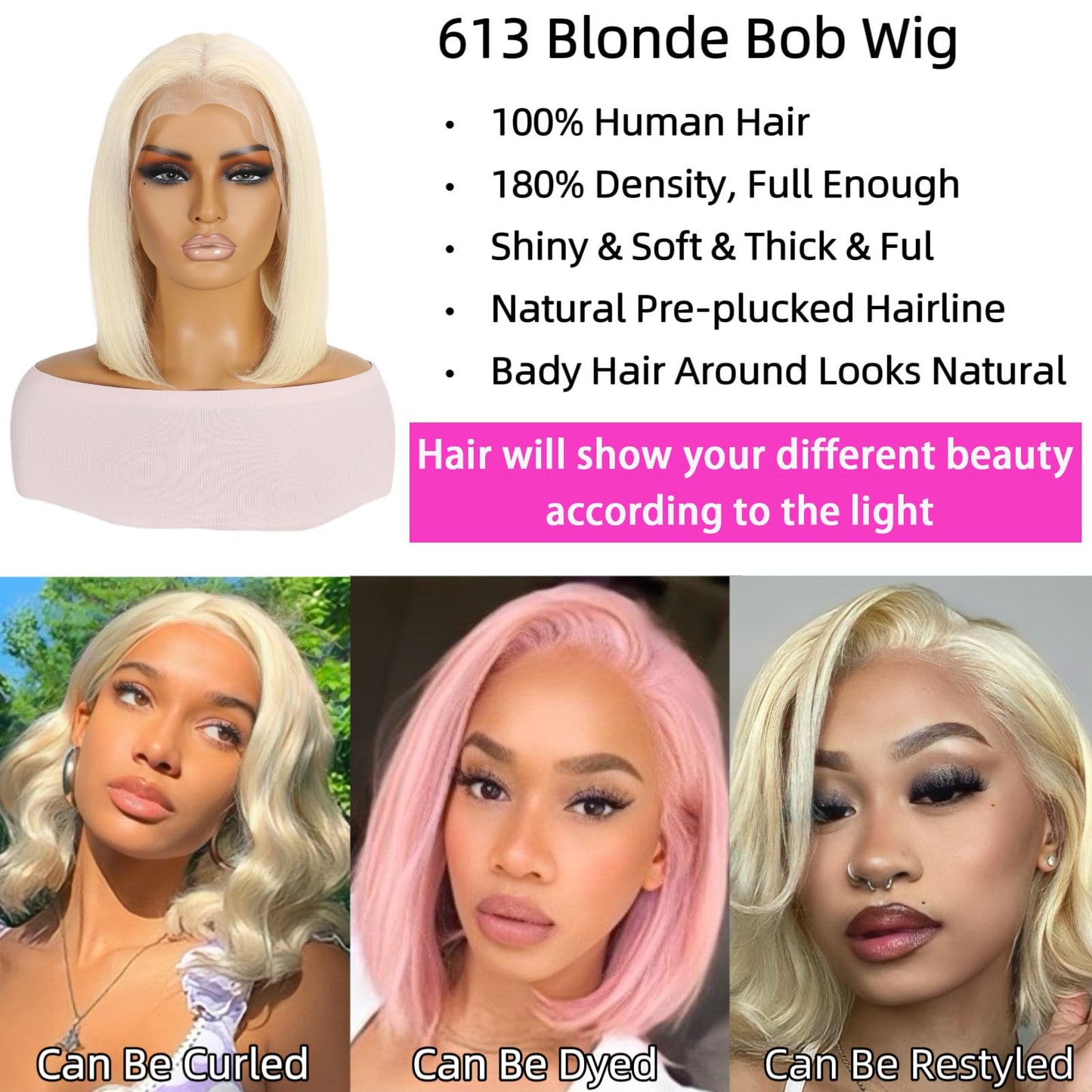 VYCRAVE 613 Blonde Bob Wig Human hair 13x4 HD Transparent Lace Front Wigs Human Hair Pre Plucked with Baby Hair 12 Inch 613 Glueless Wigs Human Hair 180% Density Straight Frontal Lace Wigs for Women