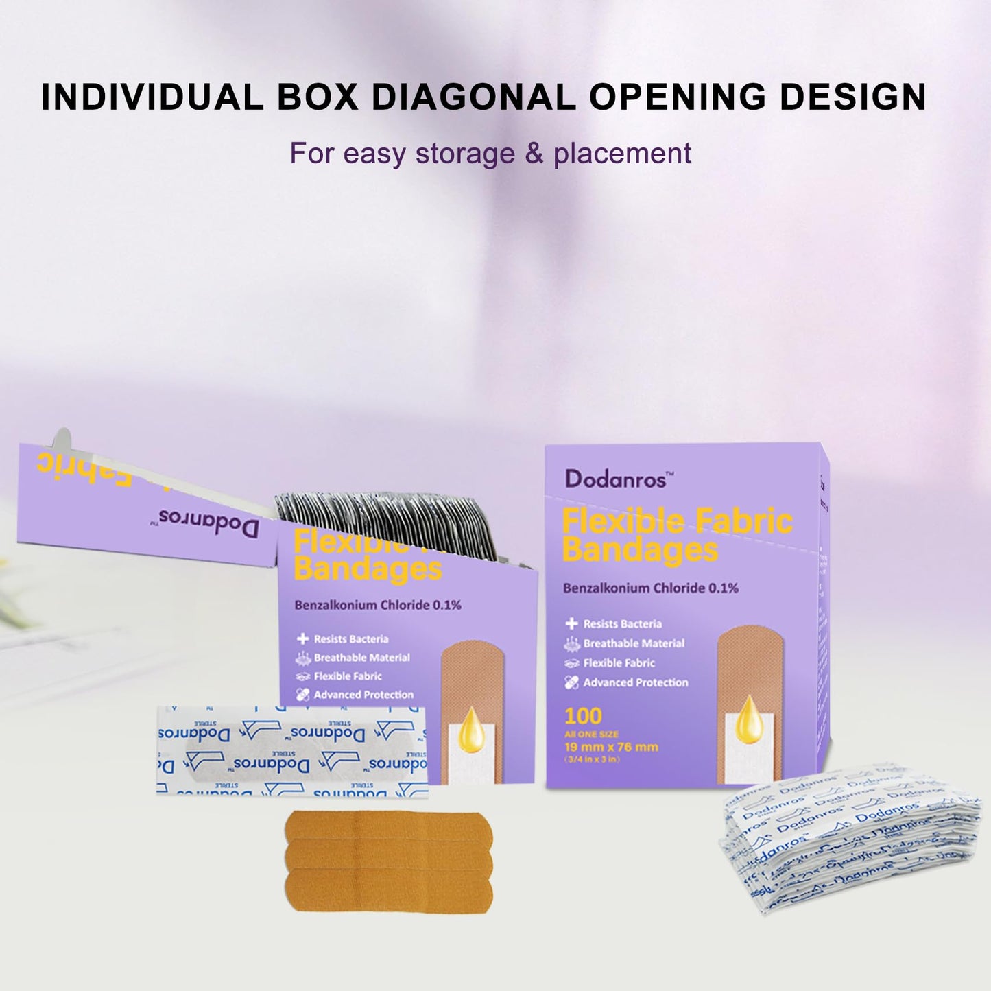 Dodanros Bulk Case of 1200 PCS Flexible Fabric Bandages, 3/4" x 3",Individual 12 Box Packaging,Include 0.1%Benzalkonium,Sterile, Breathable | Use for School, Hospital, Businesses, and First Aid Kits.