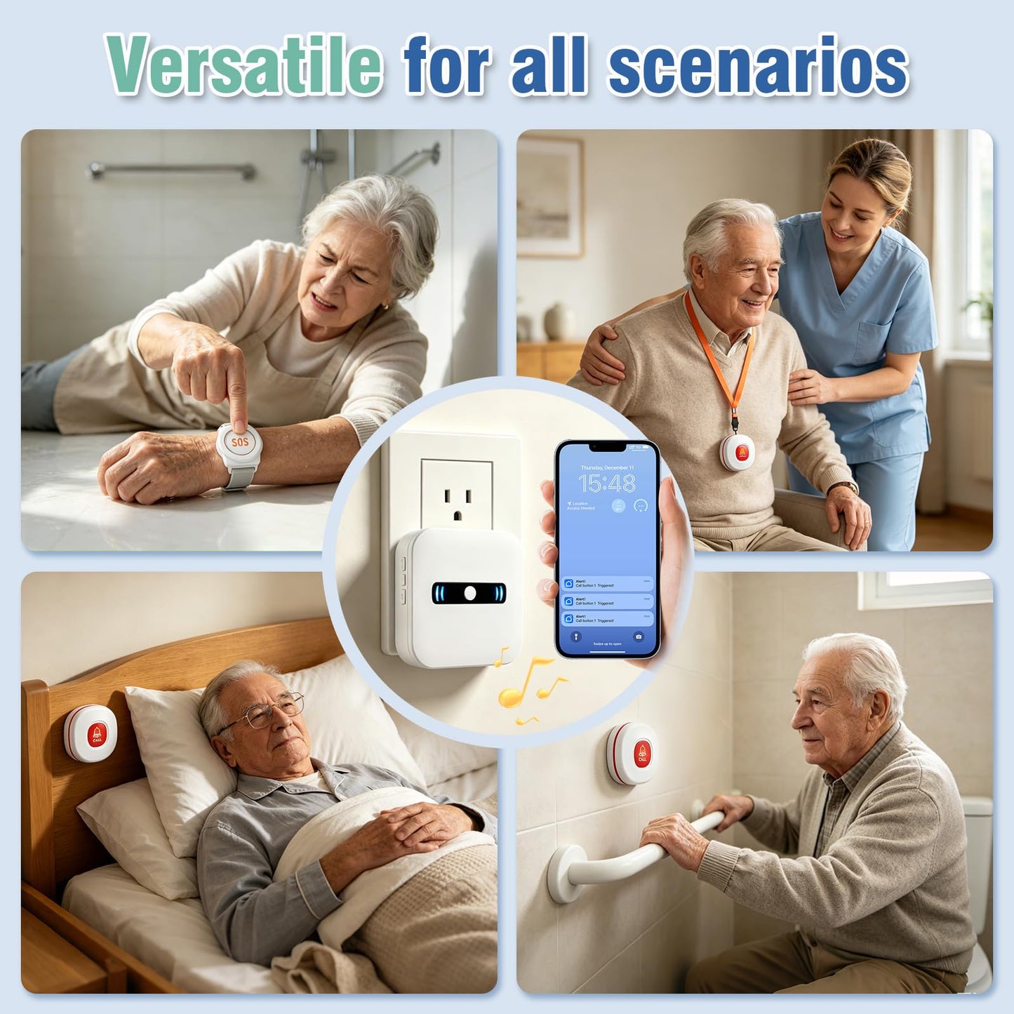 Daytech Wi-Fi Wireless Caregiver Call Button for Elderly/Patient, App Alert Systems for Seniors 、Patients and People with Disabilities （ 1 SOS Alert Watch + 1 Wireless Call Buttons + 1 Receiver）