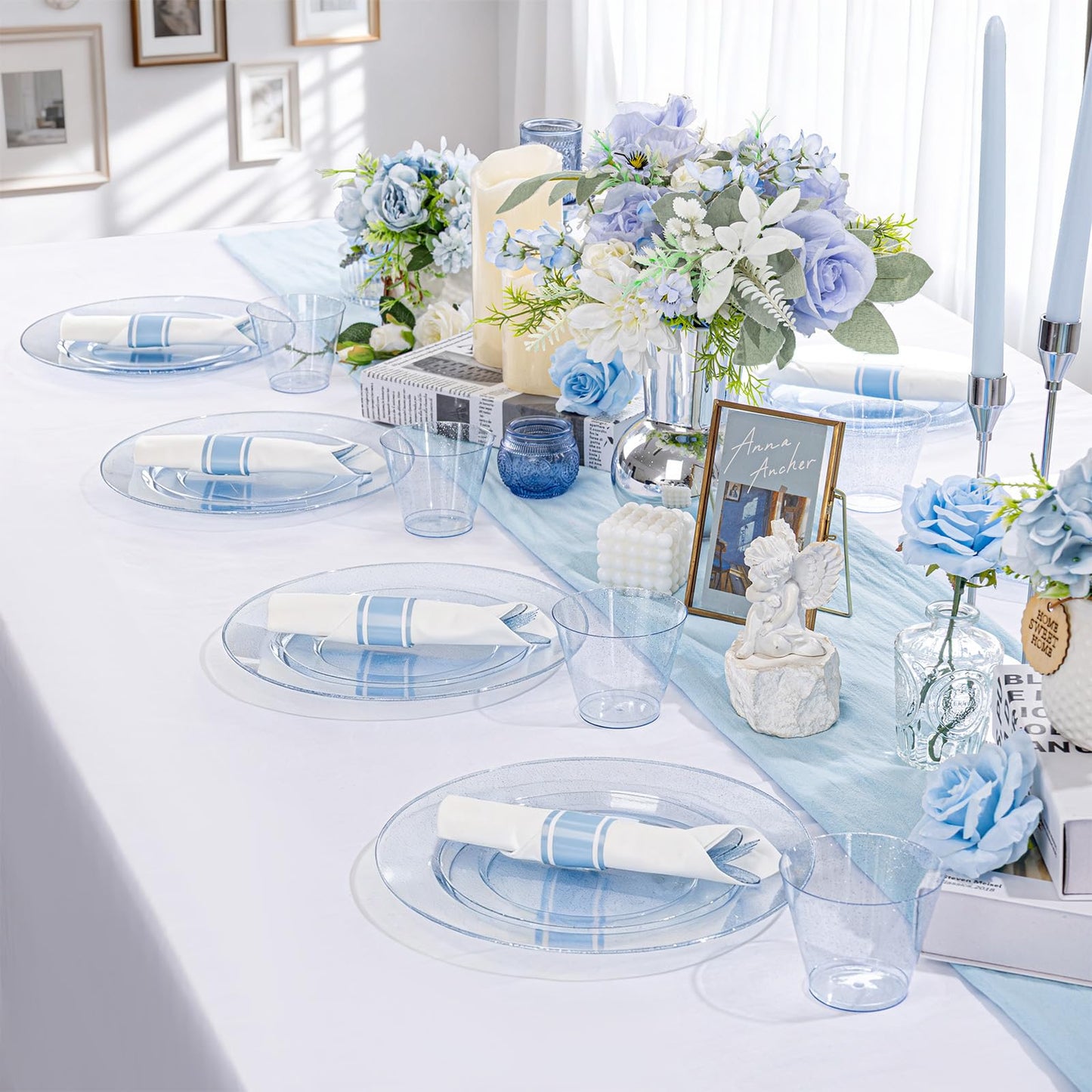 DaYammi 350 Pieces Blue Glitter Dinnerware Set 50 Guest for Party- 50 Dinner Plates, 50 Dessert Plates -50 Per Rolled Napkins with Blue Cutlery - 50 Disposable Cups 9 OZ