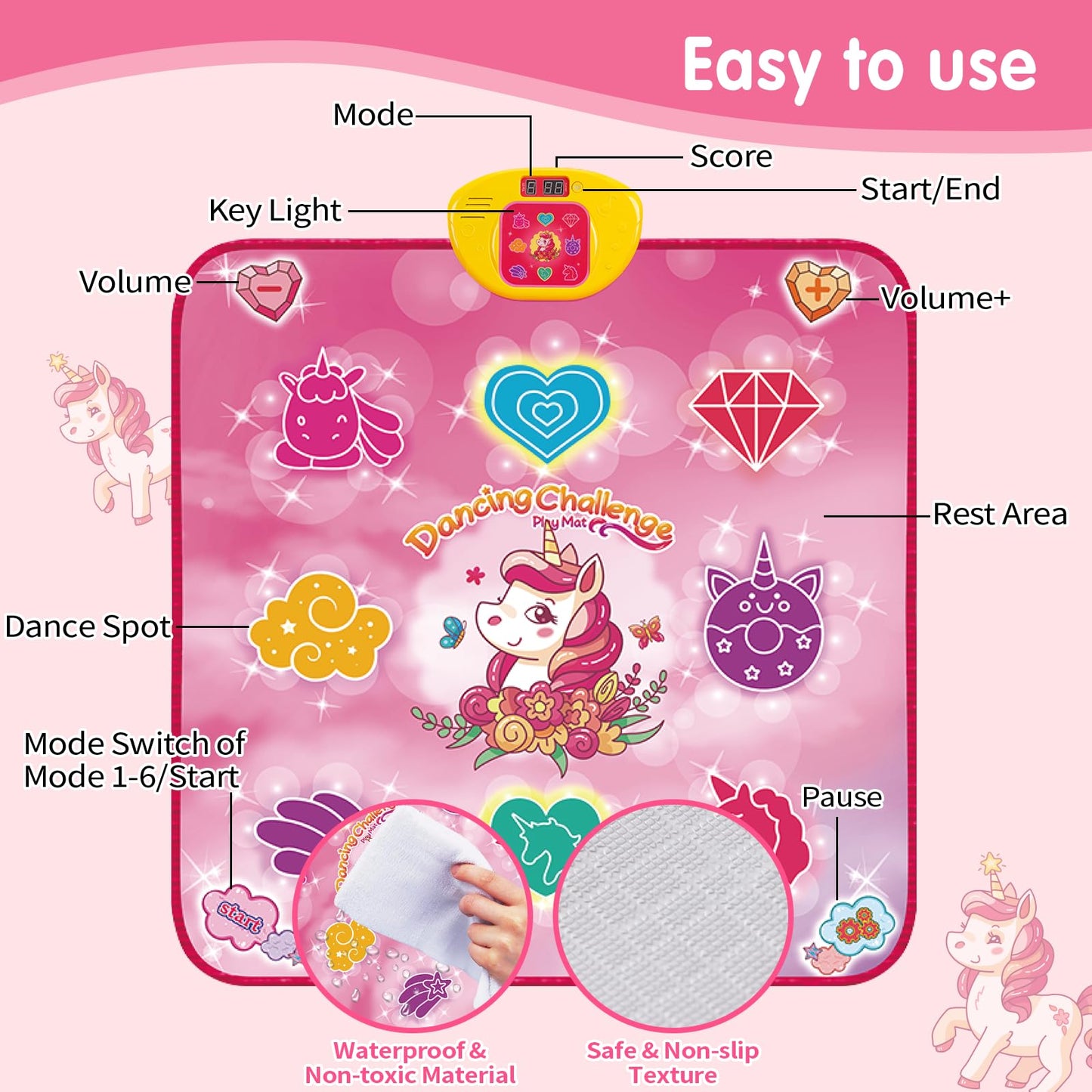 maysida Unicorn Dance Mat Toys for 3-12 Year Old Girls, Dance Pad with LED Lights, Built-in Music, 6 Game Modes, Electronic Dancing Mat as Christmas Birthday Gift for 3 4 5 6 7 8 9+ Girls (Pink)