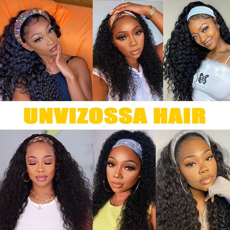 Unvizossa Headband Wig Human Hair Deep Wave 20 Inch Curly Headband Wigs for Black Women Glueless None Lace Front Wig Brazilian Virgin Human Hair Natural Color 150% Density