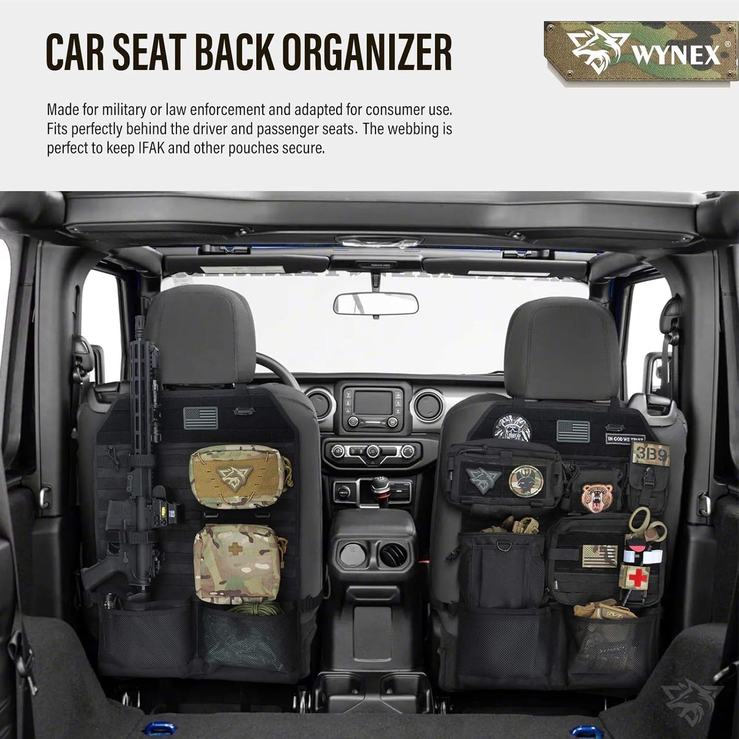 WYNEX Car Seat Organizer, Molle Backseat Cover Organizer Protector with Sling Rack, Visual Pocket and Patch, Universal Vehicle Fits for F150, Jeeps, Pickups & Trucks for Road Trips (2-Packs)