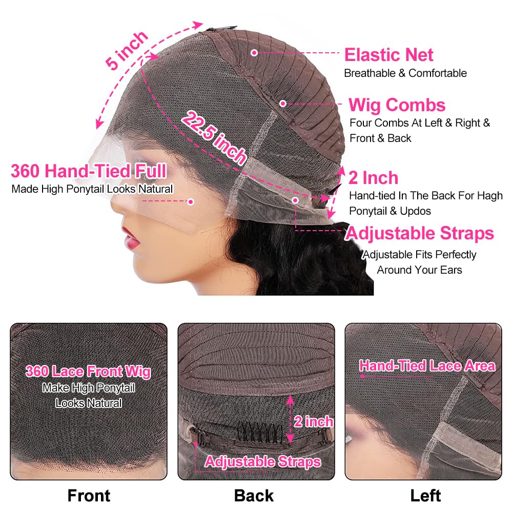 360 Lace Front Wigs Human Hair 360 Body Wave Full Lace Front Wigs Human Hair Pre Plucked With Baby Hair 200% Density HD Transparent Lace Front Human Hair Wigs For Women Natural Color (24 Inch)