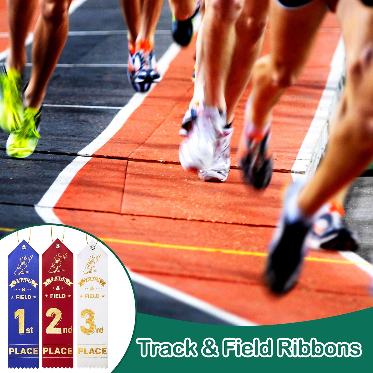 Lyrow 150 Pcs Track and Field Ribbons Education Award Ribbons 1st 2nd 3rd Place Flat Carded Set Prize Ribbon First Place Prizes with Event Card and Rope for Competition, Blue Red White