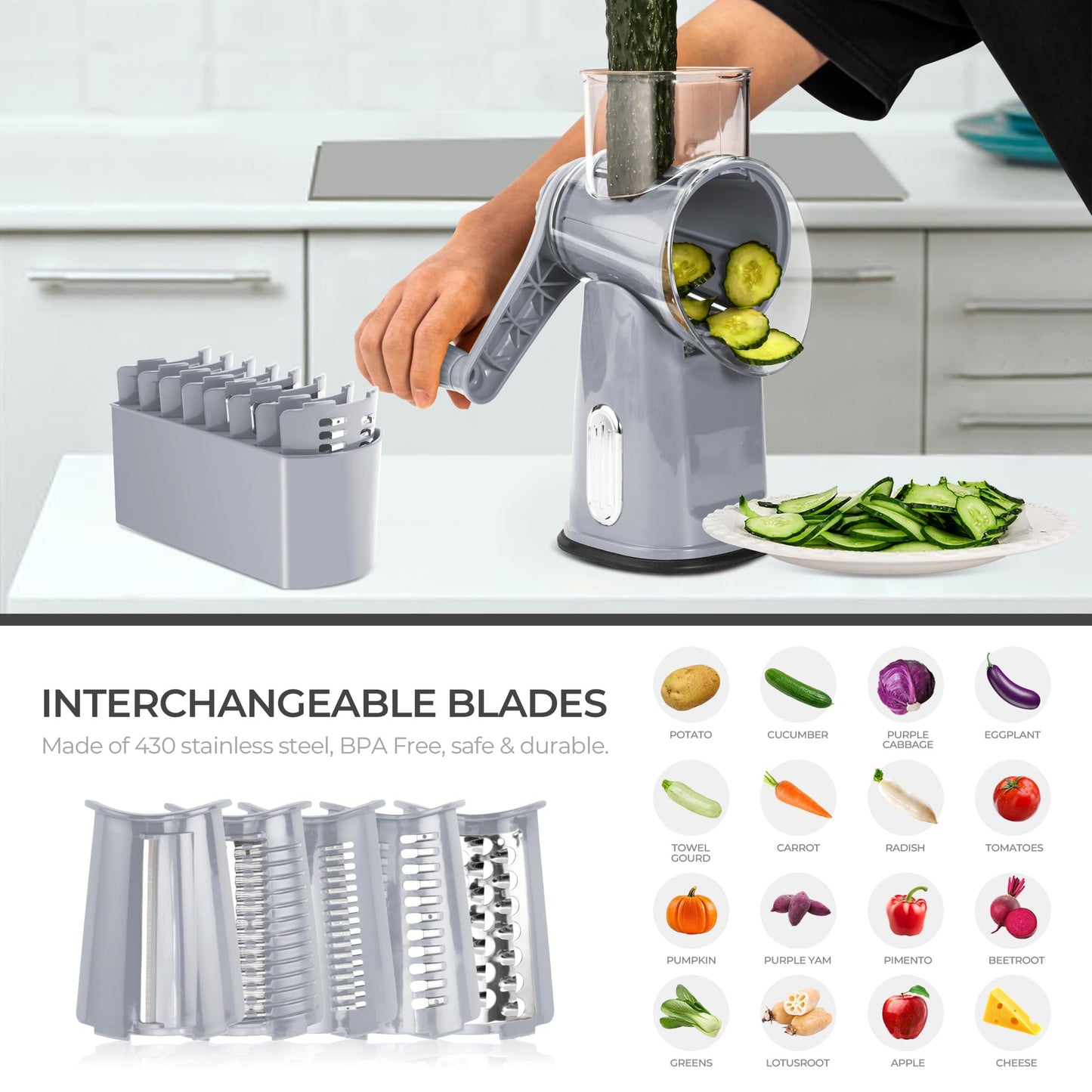 SUSTEAS Rotary Cheese Grater with Handle - Vegetable Shredder with 5 Well-designed Blades & Strong Suction Base,Round Mandoline Slicer & Food Chopper for Kitchen,with Blade Storage Box(Gray)