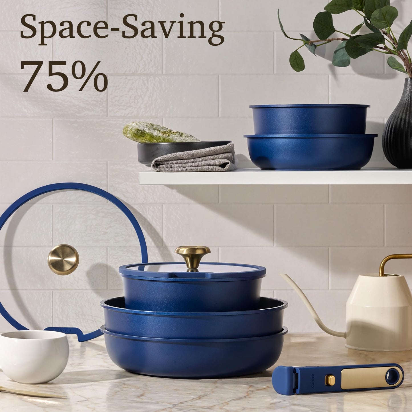 CAROTE Blue&Gold Ceramic Cookware Set Non Toxic, PFAS Free,15Pcs Pots and Pans Set Non Stick Detachable/Removable Handle,Kitchen Cooking Set Dishwasher Safe, Nonstick Pot and Pan, Induction Cookware