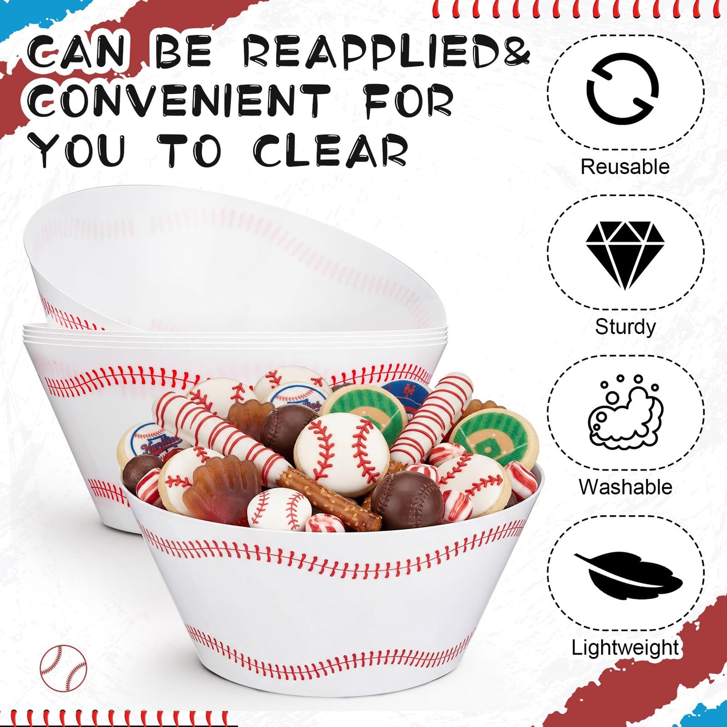 Ferrochef 6 Pcs 10 Inch Large Baseball Serving Bowls 100 oz Reusable Plastic Snack Salad Dessert Bowls Baseball Party Supplies for Team Game Sport Birthday Party Decor