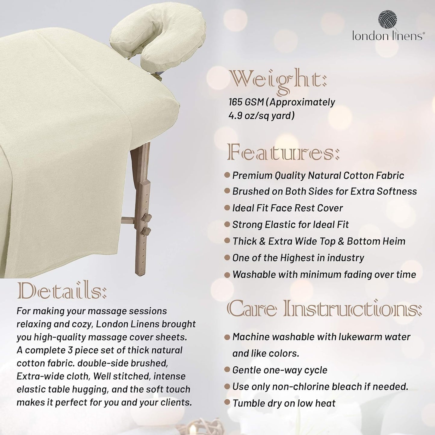 LONDON LINENS Pack of 2 Extra Thick 3 Piece Massage Table Sheets Set - 100% Natural Cotton Flannel - Includes Massage Table Cover, Massage Fitted Sheet, and Massage Face Rest Cover (Natural)