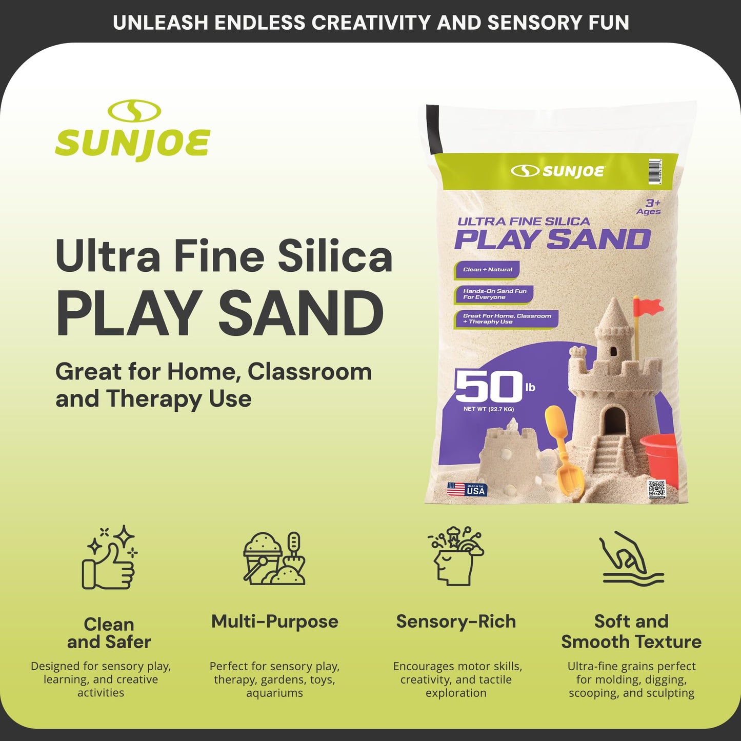 Sun Joe 2 Pack Silica Play Sand for Sandbox, Sensory Table & Garden Spaces, Ultra Fine, 50 Lbs - Natural Craft Accessory for Molding, Digging & Sculpting - Ideal for Indoor and Outdoor Use