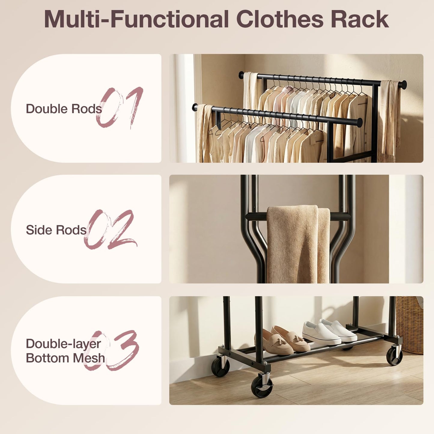 WATIOWL Clothes Rack, Double Rods Rolling Clothing Rack for Hanging Clothes Load 260 LBS Closet Rack with Wheels, Metal Portable Garment Rack for Bedroom Laundry Living Room, Black