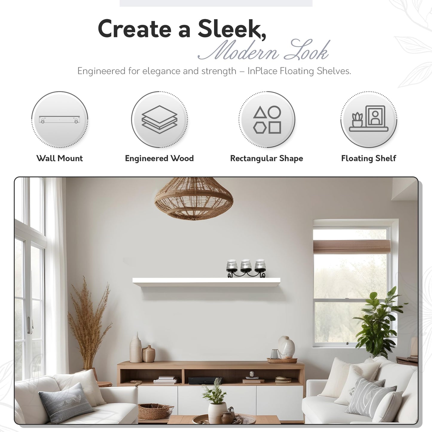 InPlace Durable Shelf with Invisible Brackets - Easy to Install & Remove Deep Floating Shelves for Wall - Infant MDF Wall Shelf for Bedrooms & Kitchen - 10.2"D x 47.3"W x 2"H - White - 0191801