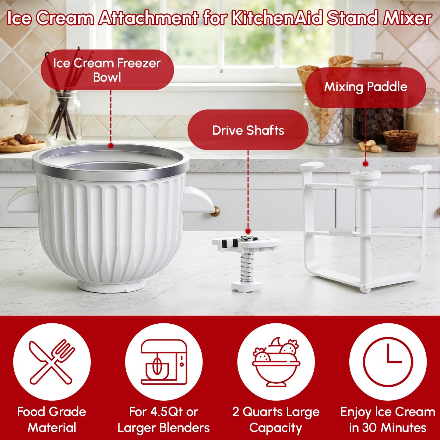 Ice Cream Maker Attachment for KitchenAid Stand Mixer | 2 Quart Ice Cream Bowl, Fits for KitchenAid 4.5 Qt & Larger Models - Homemade Ice Cream, Gelato & Sorbet, Ice Cream Machine by InnoMoon