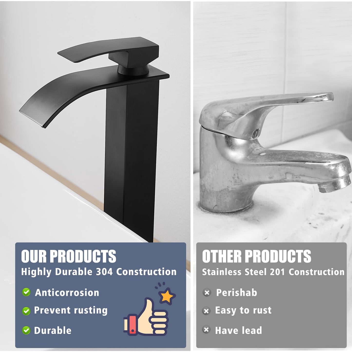 RUMOSE Tall Matte Black Bathroom Faucet with Pop Up Drain Modern Single Handle One Hole Bathroom Vessel Sink Faucet Waterfall Spout Rv Lavatory Vanity Faucet Deck Mount Mixer Tap, Stainless Steel