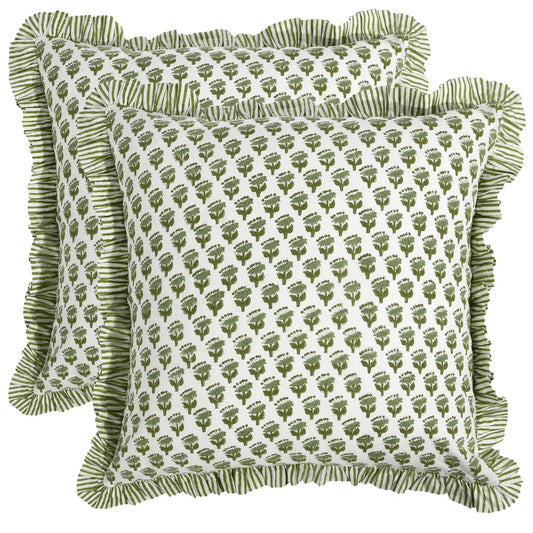 CPC Block Print Ruffle Throw Cover Emerald Green 20"x20" Inch Pack of 2-100% Cotton Ruffle Couch Decorative Boho Pillows Case for Living Room, Bedroom, Sofa, Farmhouse Gift for Spring, Mother's Day