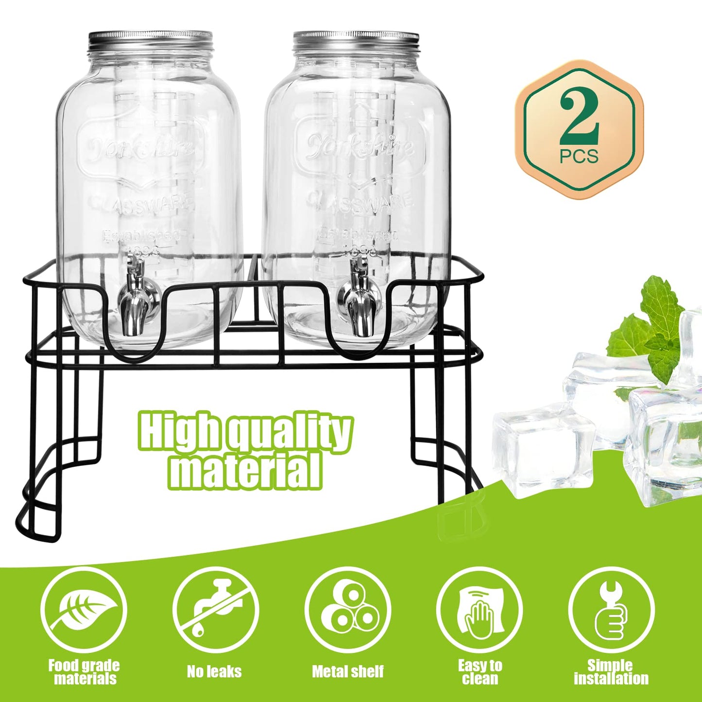 1 Gallon Glass Drink Dispensers For Parties 2PACK.Beverage Dispenser，Drink Dispenser With Stand And Stainless Steel Spigot 100% Leakproof.Glass Drink Dispenser With Ice Cylinder. Lemonade