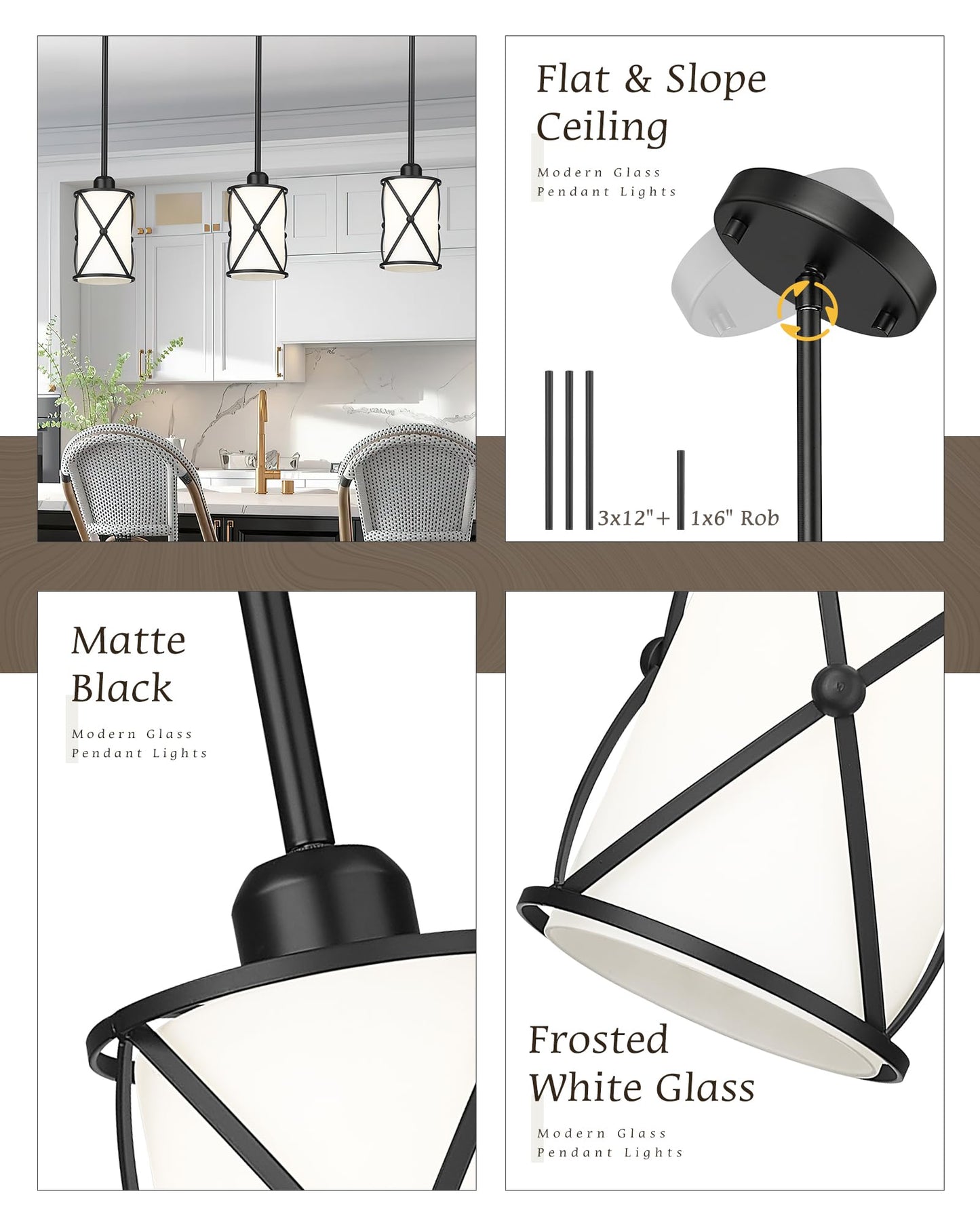 Osimir Glass Pendant Lights Kitchen Island, 2 Pack Modern Black Pendant Light Fixtures with Frosted Glass and Rod, Mid Century Cage Pendant Light for Kitchen Sink Dining Room, CH9176BKW-2PK