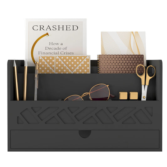 Bamboo Mail Organizer Countertop Desktop with Drawer - Desk Organizer with File Organizer for Office Supplies All-in-One Desk File Organization with Pencil Holder for Paper Letter Envelope Bill