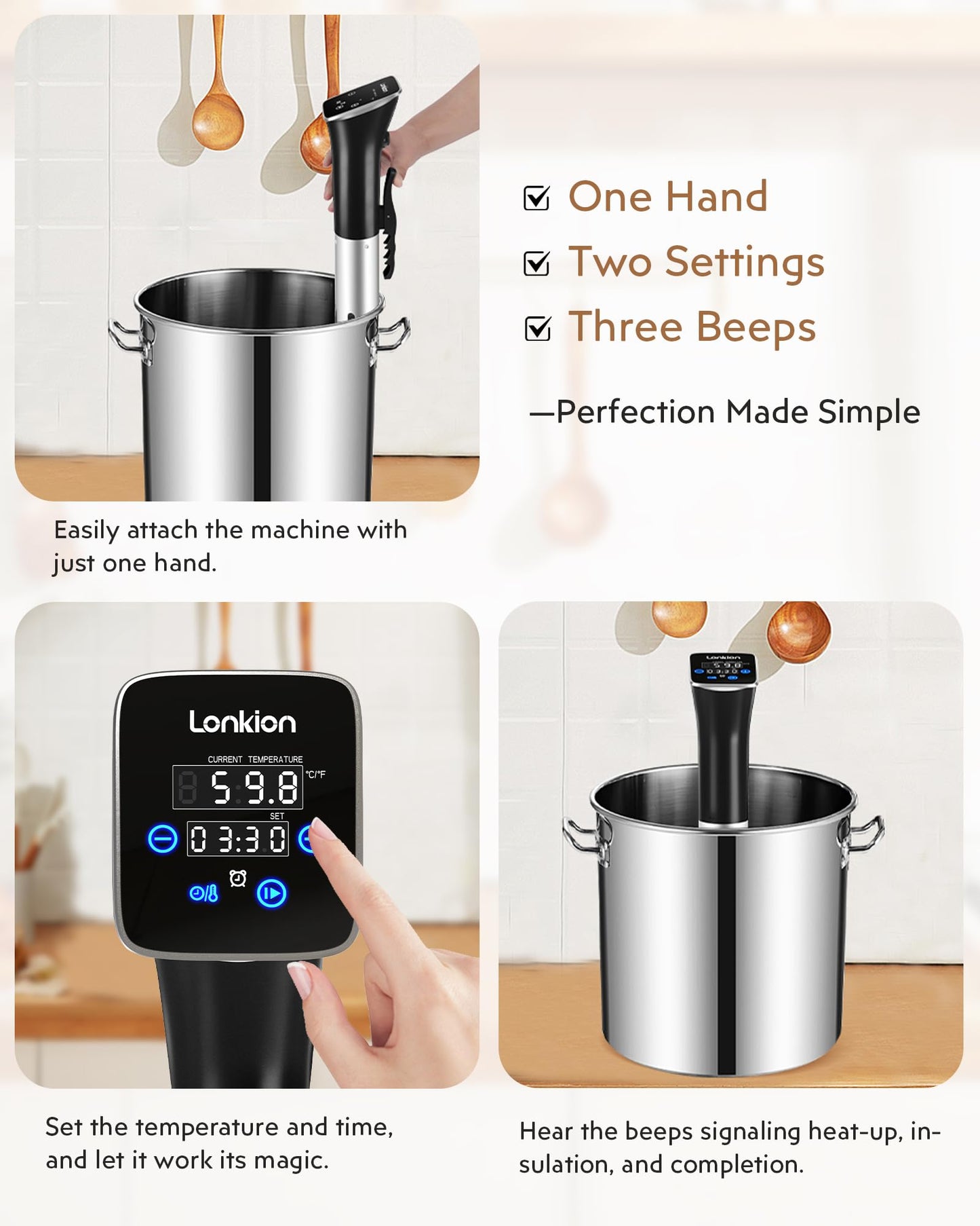 Sous Vide, Lonkion Sous Vide Cooker Machine, Temperature Control, 1100W IPX7 Immersion Circulator, Fast Heating, Home Kitchen Use, Easy to Store