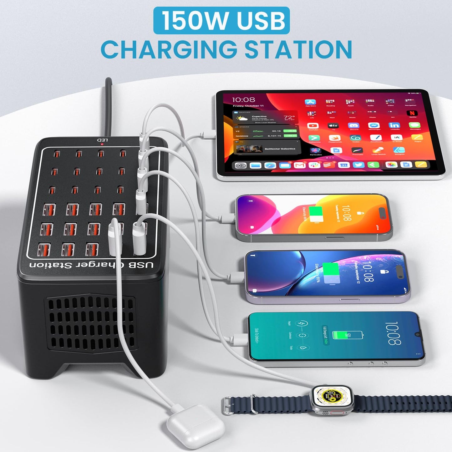 USB C Charging Station for Multiple Devices, 150W 30 Ports USB Charger Block for Ipad Cell Phone, Multiple USB Power Strip for Family Classroom