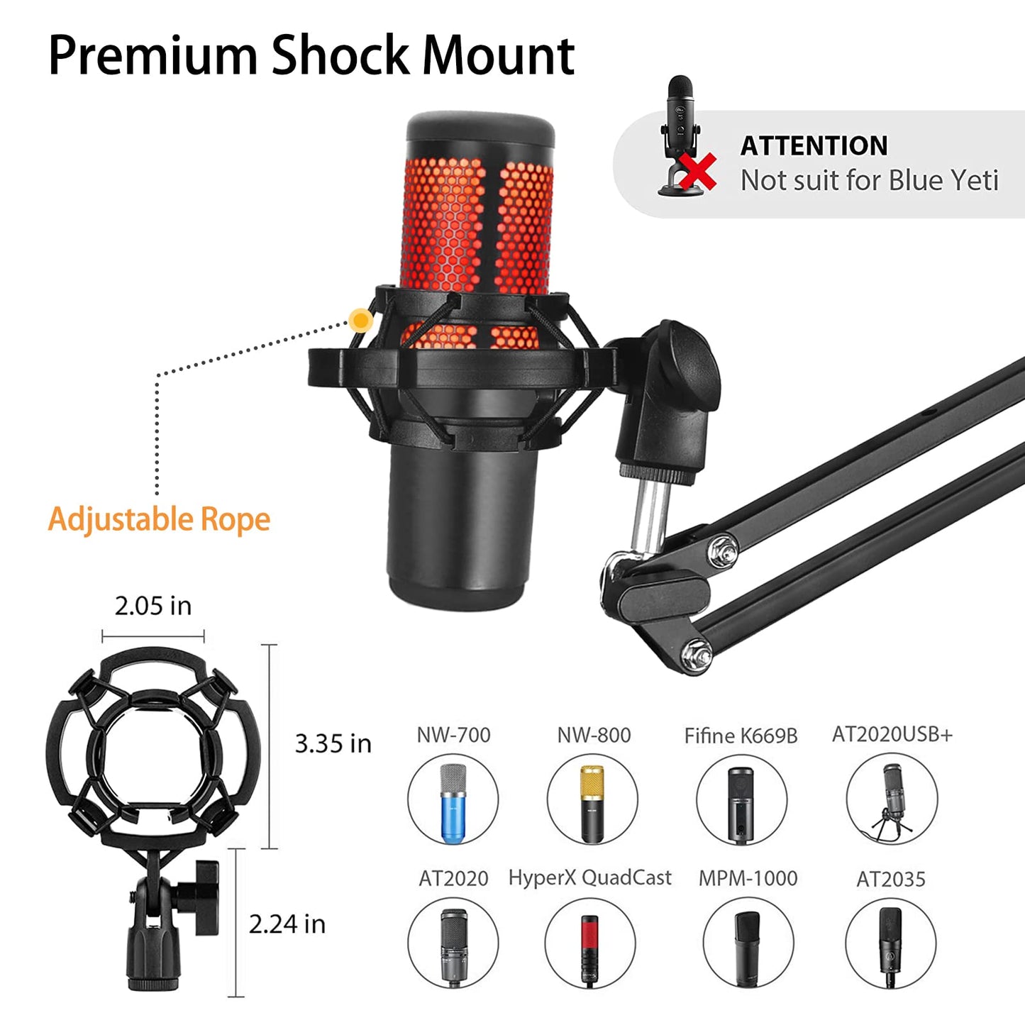 Luling Arts Boom Arm Suspension Mic Heavy Duty Microphone Arm for Blue Yeti, Hyperx Quadcast, Adjustable Boom Mic Stand Desk with Pop Filter, 1/4“-3/8“-5/8“ Adapter, Mic Mounts,Broadcast