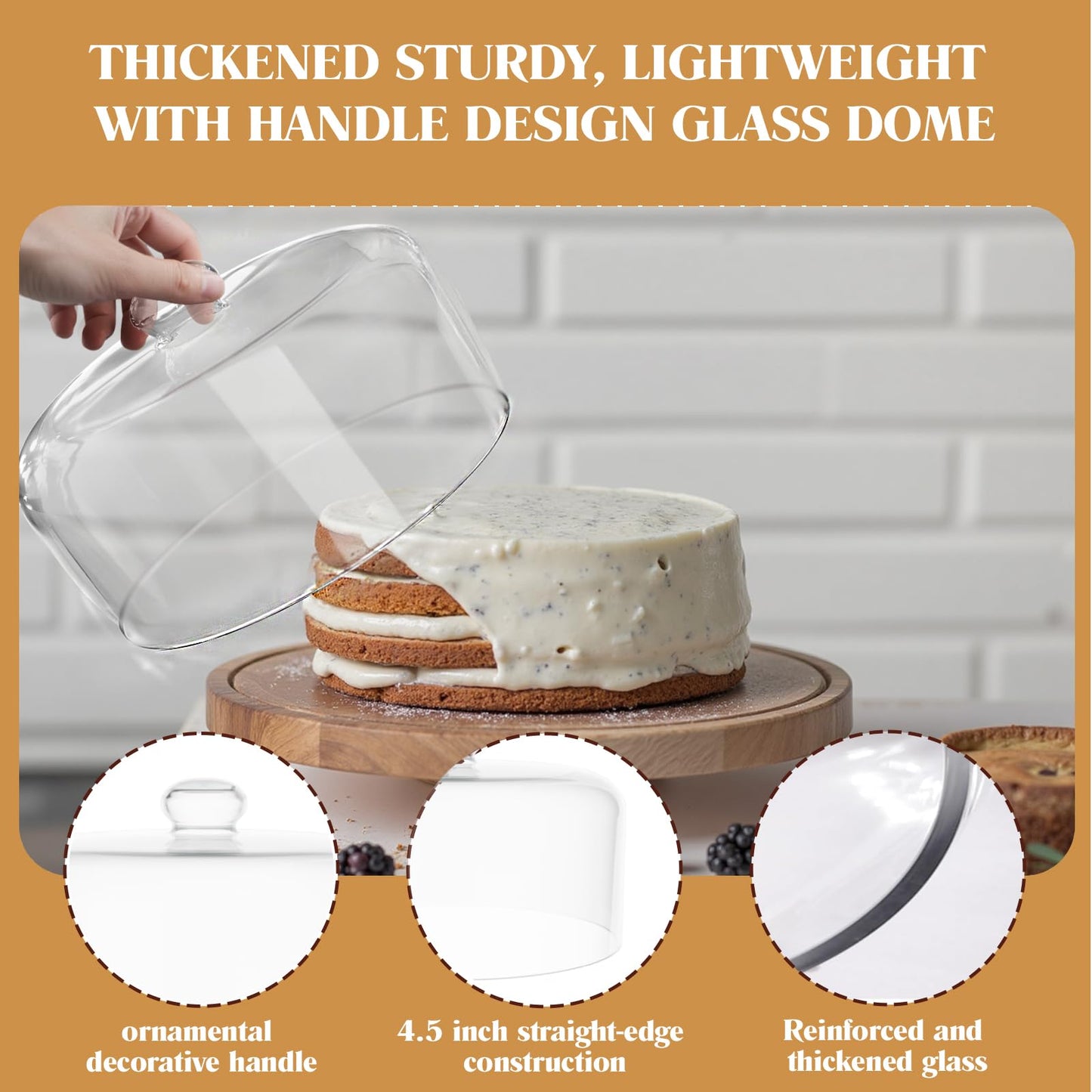 Krbnk 11 Inch Glass Cake Dome Cover, Upgraded Thickened Clear Cake Cover Lid for Cake Stand, Round Cloche Glass Dome for Dessert Plates Display and Protection