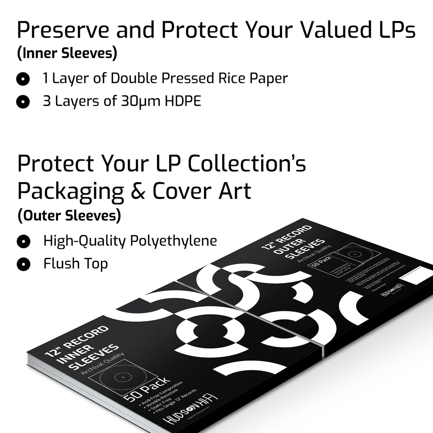 Hudson Hi-Fi 50 ct. Inner Sleeves for Vinyl Records & 50 ct. Vinyl Outer Sleeves - 100 Vinyl Sleeves for Records, Clear Outer & Inner Sleeves for Vinyl Records
