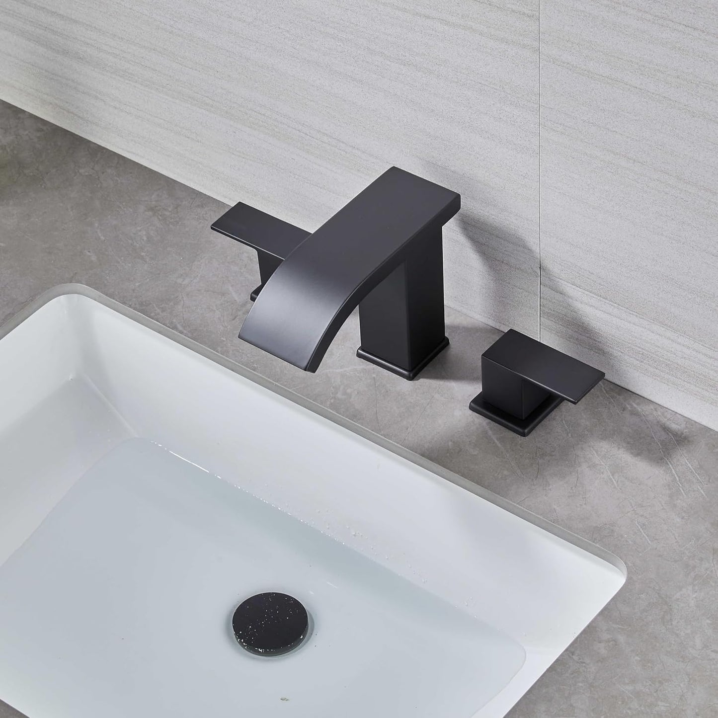 LED Light Black Waterfall Bathroom Faucet 3 Holes - 8Inch Widespread Bathroom Sink Faucet | Two Handles Lavatory Vanity Sink Faucets with Pop-up Drain Assembly & Supply Lines
