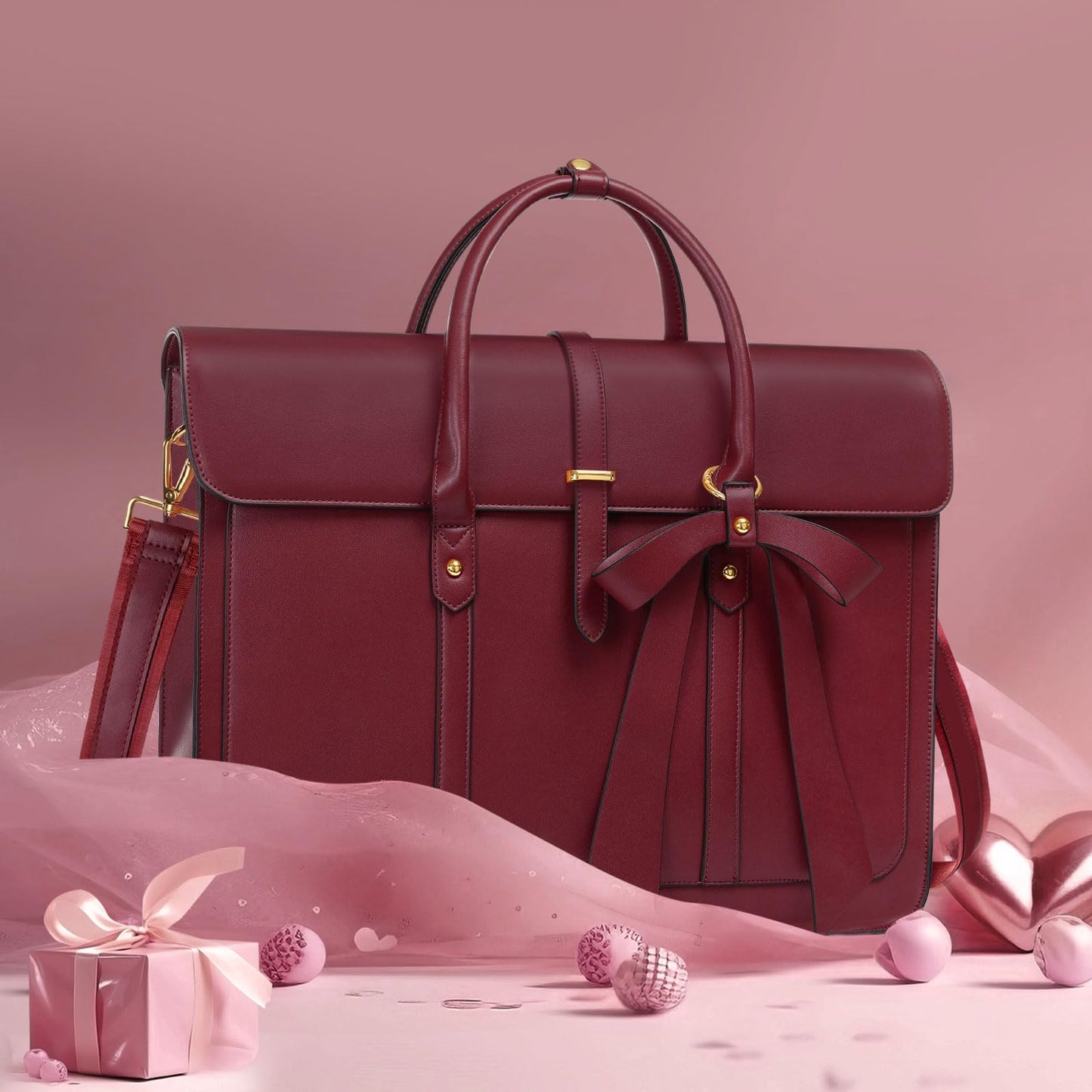 MOSISO Laptop Bag for Women, 15-15.6 inch PU Leather Laptop Shoulder Bag Convertible Backpack, 16 inch Messenger Bag Casual Handbag Work Briefcase Travel Computer Bag with Bowknot, Wine Red