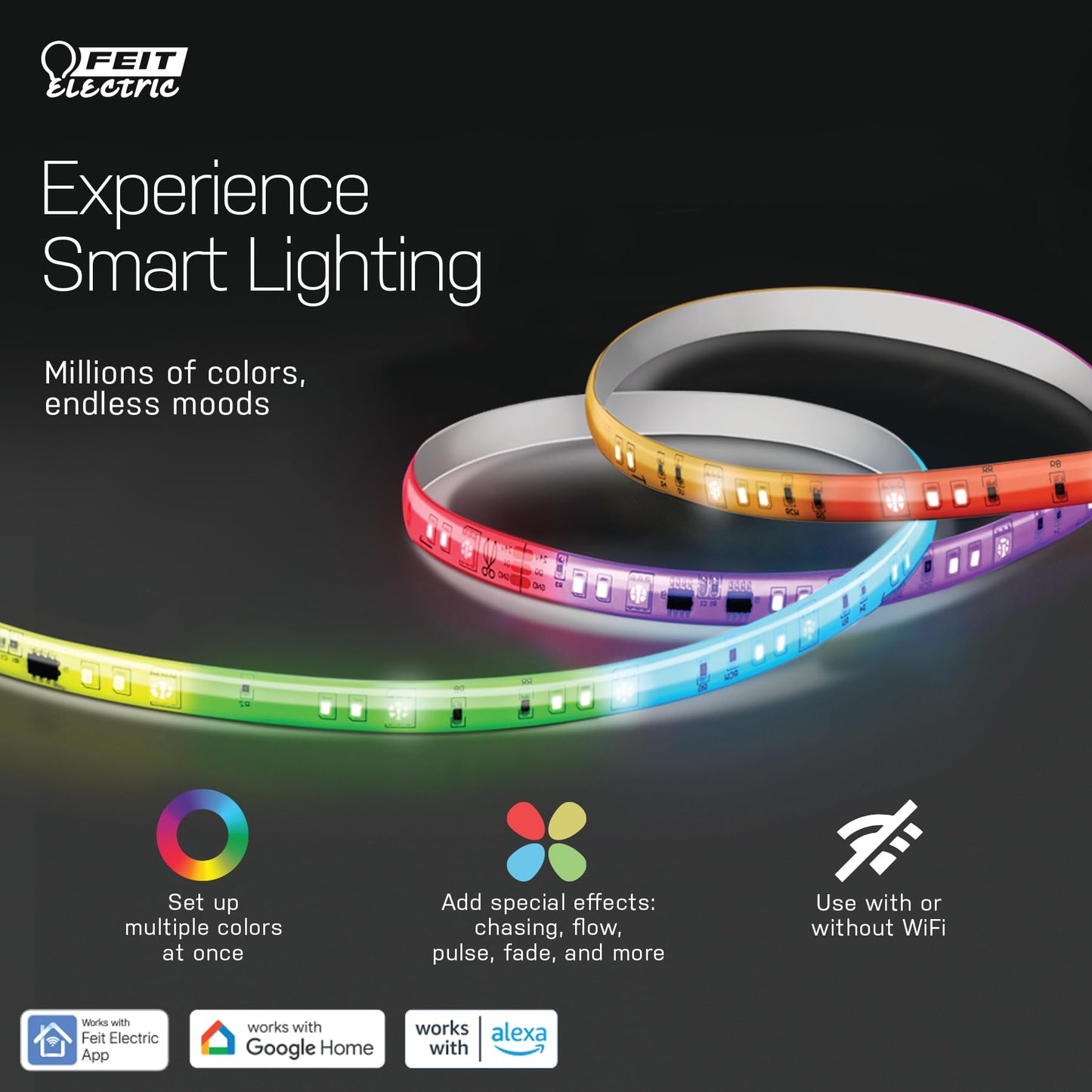 Feit Electric Smart Light Strip 16FT, Ultrathin RGBW Color Chasing LED Light Strip, 2.4GHz Wi-Fi Enabled, Works with Alexa and Google Home Assistant, Remote Control, (0.4in x 192in) TAPE192/CHASE/AG