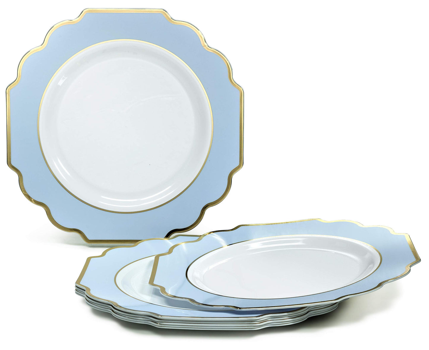 " OCCASIONS " 80 Plates Pack,(40 Guests) Heavyweight Wedding Party Disposable Plastic Plates Set -40 x 10.5'' Dinner + 40 x 8'' Salad/Dessert Plate (Imperial in White/Blue & Gold)