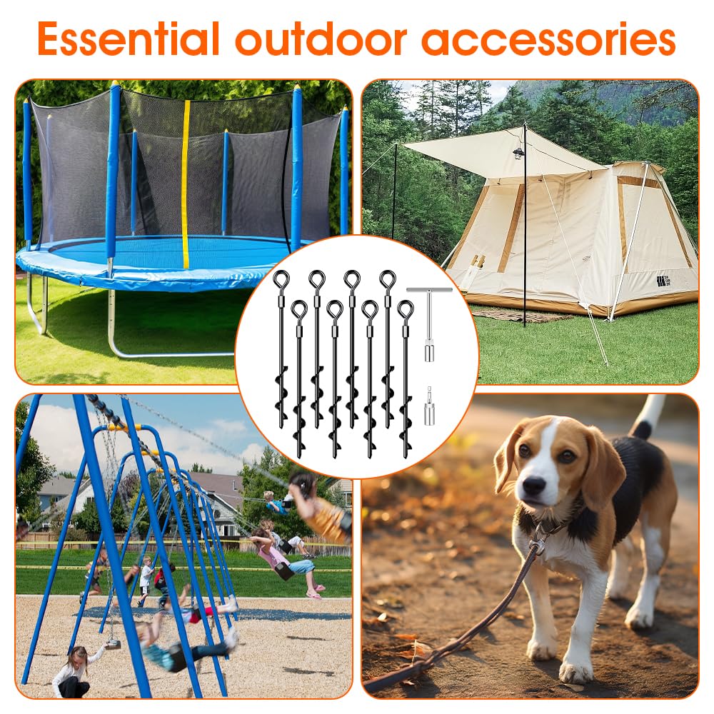 Ground Anchors, Trampoline Anchors Heavy Duty Screw in Ground Anchors 8Pack，Tent Stakes for Camping Tent, Trampoline, Canopies, Carports, Sheds, Swing Sets,14in Ground Anchors for High Winds, Black